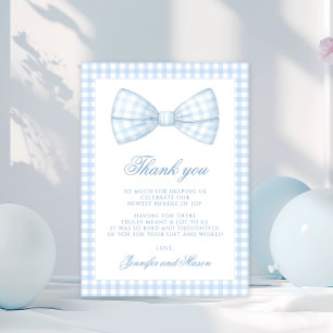 Tarjeta De Agradecimiento Cuidada azul gingham con corbata de bebé ducha