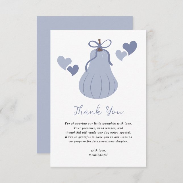 Tarjeta De Agradecimiento Cuidada calabaza azul Bow Script Boy Baby Shower (Anverso / Reverso)