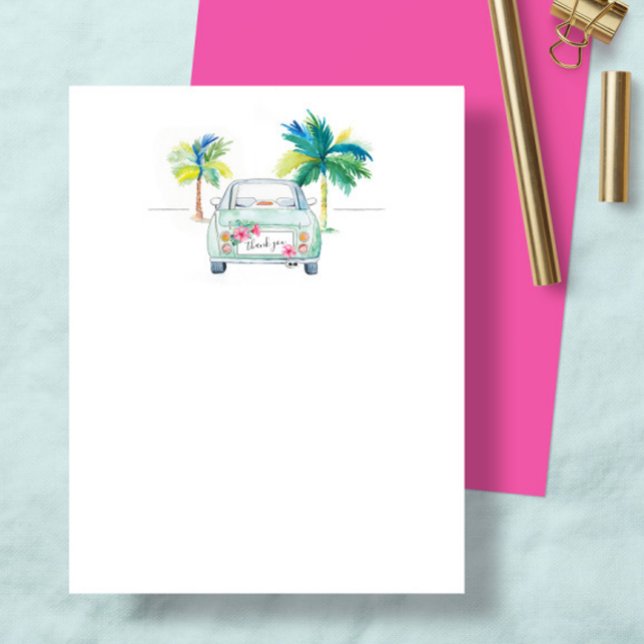 Tarjeta De Agradecimiento Cuidada palma tropical y acuarela de auto Gracias (Thank you notecard watercolor tropical palm tree and car art by Victoria Grigaliunas Do Tell A Belle)