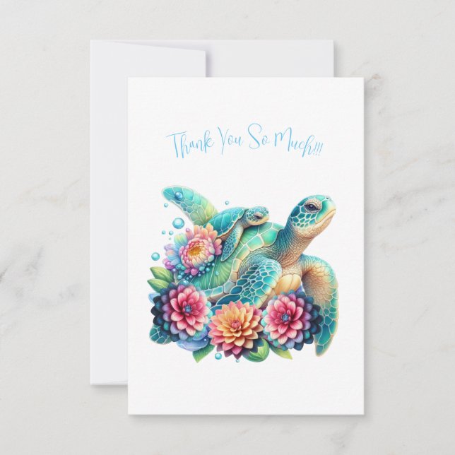 Tarjeta De Agradecimiento Cuidada tortuga floral Verde azulada Gracias Tarje (Anverso)