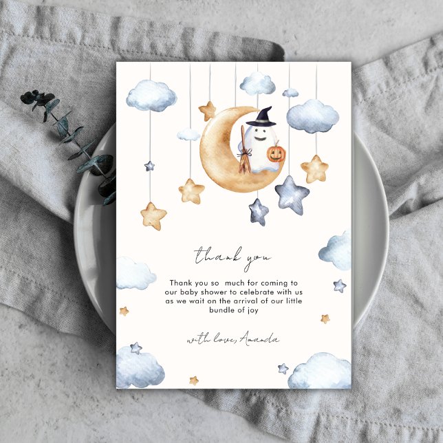 Tarjeta De Agradecimiento Cuidada Un Pequeño Boo Estrellas De Luna Baby Show (Cute A Little Boo Moon Stars Baby Shower Thank You Card)