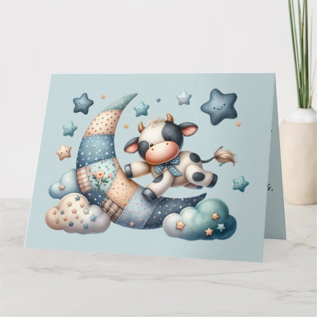 Tarjeta De Agradecimiento Cuidada vaca de patchwork sobre la luna con estrel (Anverso)