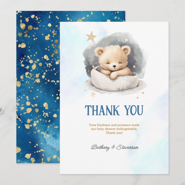 Tarjeta De Agradecimiento Cuidado Teddy Bear Baby Boy Shower (Anverso / Reverso)