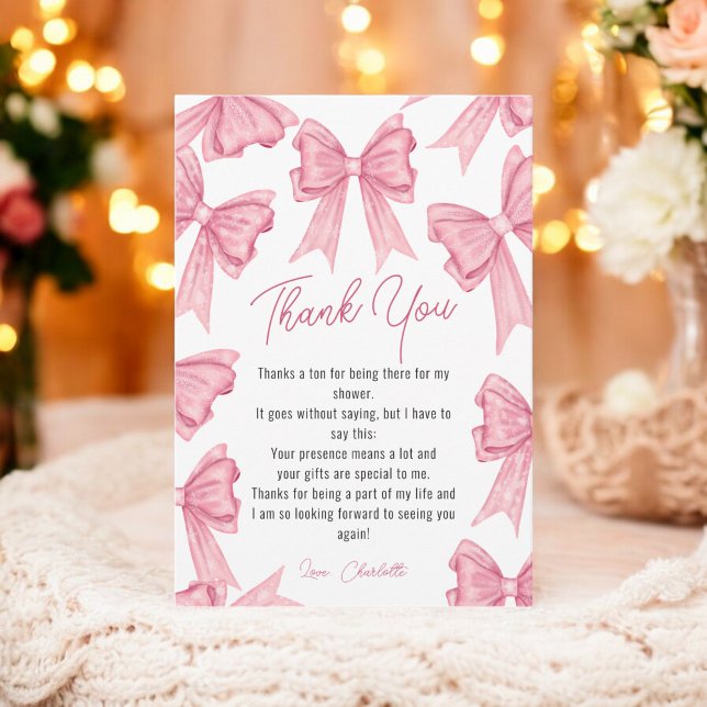 Tarjeta De Agradecimiento Cuidados Navidades Coquette Pink Bow Bridal Shower (Cute Christmas Coquette Pink Bow Bridal Shower Thank You Card)