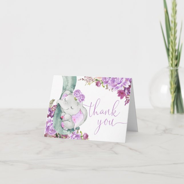 Tarjeta De Agradecimiento Cuidadoso elefante lavanda púrpura acuarela floral (Anverso)