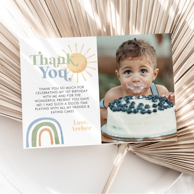 Tarjeta De Agradecimiento Cumpleaños 1º de Mr Onederful Foto Arcoíris (Mr Onederful 1st birthday Party Thank You Card with Photo. No photo option as well. )