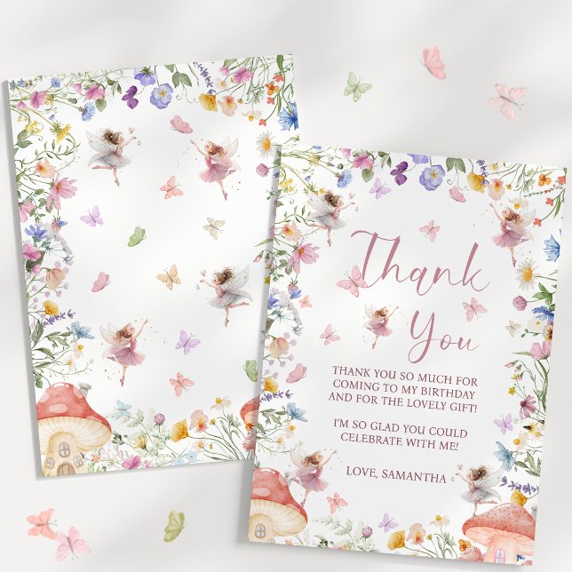 Tarjeta De Agradecimiento Cumpleaños 1º Jardín de Hadas de Flor Silvestre  (Wildflower Fairy Garden 1st Birthday Thank You Card)