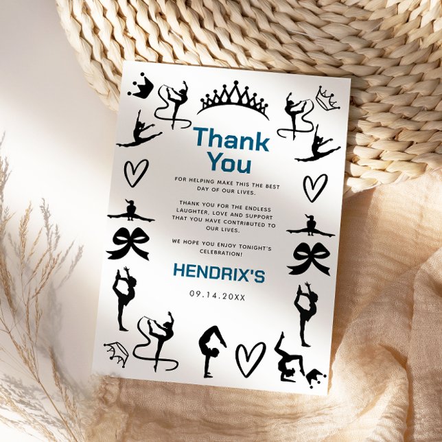 Tarjeta De Agradecimiento Cumpleaños 10 de niñas con gimnasia moderna negra (Girls Modern Black Gymnastics 10th Birthday Thank You Card)