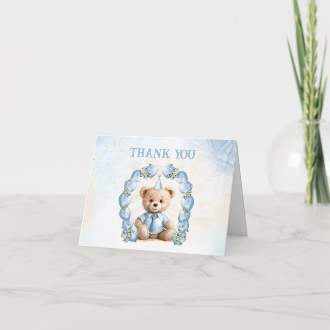 Tarjeta De Agradecimiento Cumpleaños 1 de Beary Azul Globos Beige Oso de pel (Anverso)