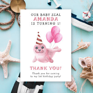 Tarjeta De Agradecimiento Cumpleaños 1 de Foca Rosa Bajo El Mar