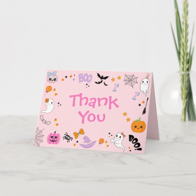 Tarjeta De Agradecimiento Cumpleaños 1 de Halloween Fantasma Lindo Rosa (Anverso)
