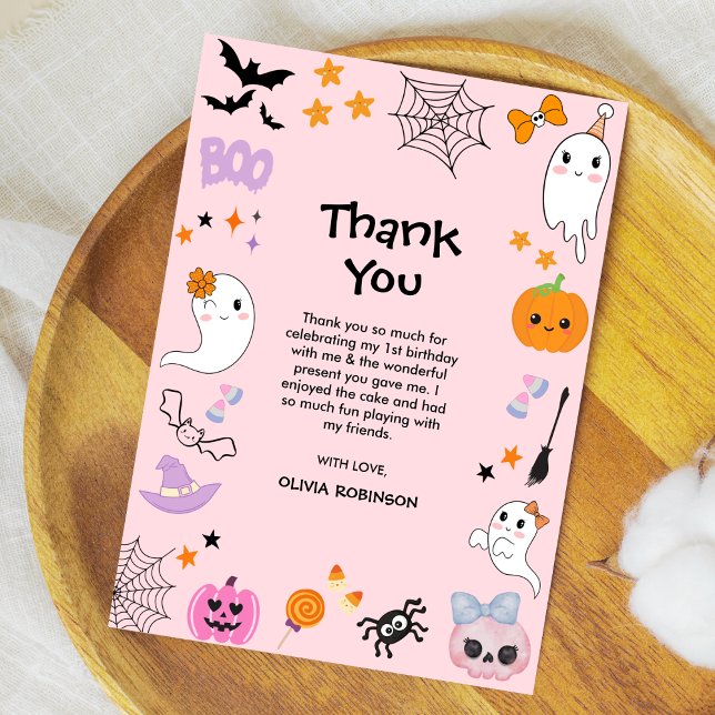 Tarjeta De Agradecimiento Cumpleaños 1 de Halloween Rosa Espeluznante Un Fan (Pink Spooky One Cute Ghost Girl Halloween 1st Birthday Thank You Card )