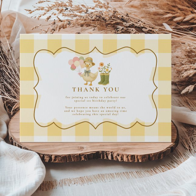 Tarjeta De Agradecimiento Cumpleaños 1 de Silly Goose en Gingham Amarillo (Subido por el creador)