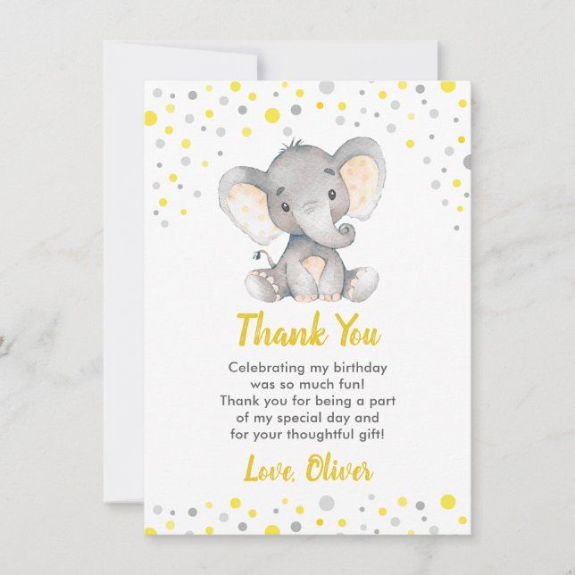 Tarjeta De Agradecimiento Cumpleaños 1 Elefante Amarillo Pequeño Maní (Anverso)