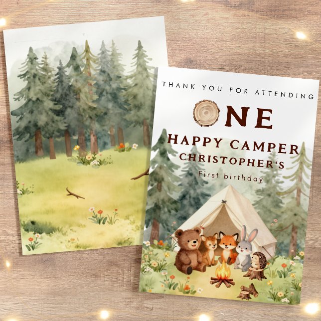 Tarjeta de agradecimiento Cumpleaños 1er Feliz Cam (Watercolor Happy Camper 1st Birthday Thank You Card)