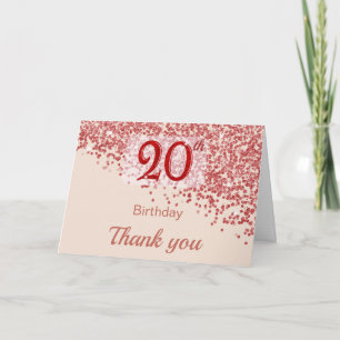Tarjeta De Agradecimiento Cumpleaños 20º Gracias Champagne Rojo Rubí Brillan