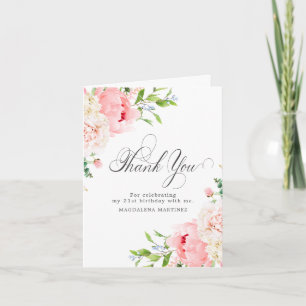 Tarjeta De Agradecimiento Cumpleaños 21 Rosado Claro Flor de Peonía Plegado