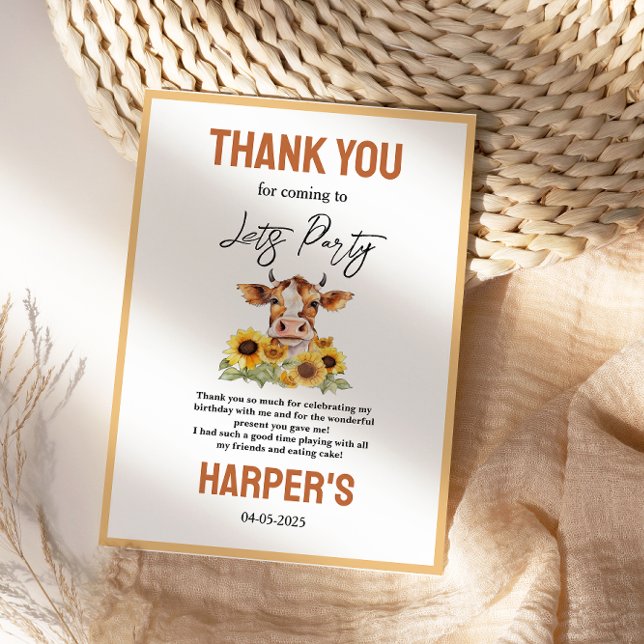 Tarjeta De Agradecimiento Cumpleaños 2 Vamos a Festejar Hasta que las Vacas  (Let's Party Till the Cows Come Home 2nd Birthday Thank You Card)