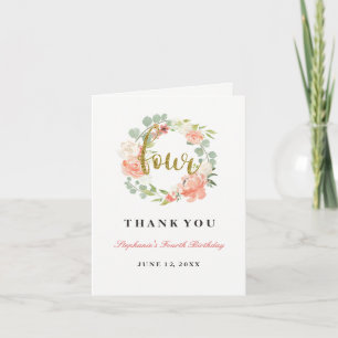 Tarjeta De Agradecimiento Cumpleaños 4º Corona Floral Rosa Dorado