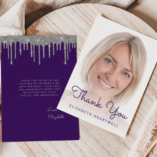 Tarjeta De Agradecimiento Cumpleaños 40 Brillante Goteo Plateado Morado Foto