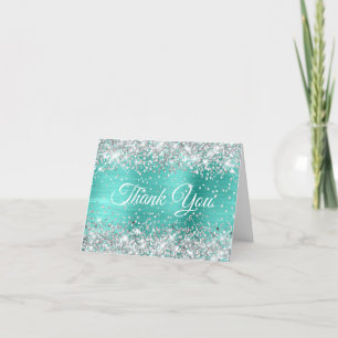 Tarjeta De Agradecimiento Cumpleaños 40 Brillante Plateado y Foil Turquesa