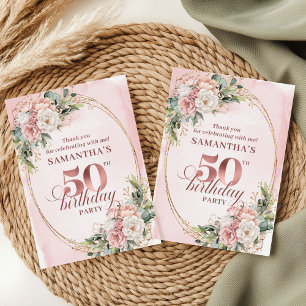 Tarjeta De Agradecimiento Cumpleaños 50 Chic Rosa Dorado Flores Verde 50