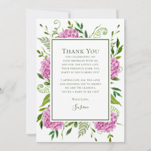 Tarjeta De Agradecimiento Cumpleaños 50 con Hortensias Rosas