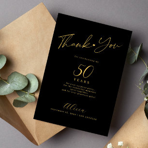 Tarjeta De Agradecimiento Cumpleaños 50 hito edad oro negro elegante 