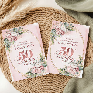 Tarjeta De Agradecimiento Cumpleaños 50 Pastel Rosa Oro Rosado Verde