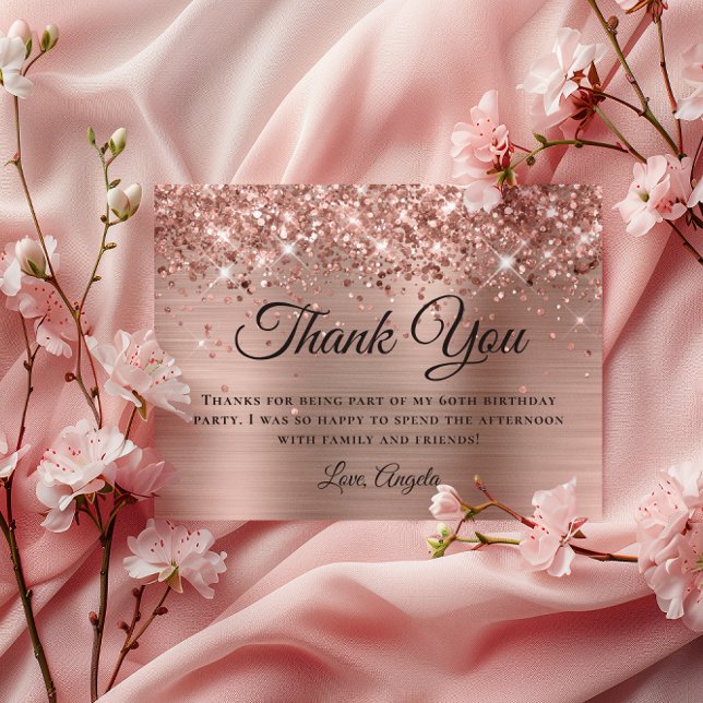 Tarjeta De Agradecimiento Cumpleaños 60 dorado rosa brillante (Glittery Rose Gold Foil 60th Birthday Thank You Card)