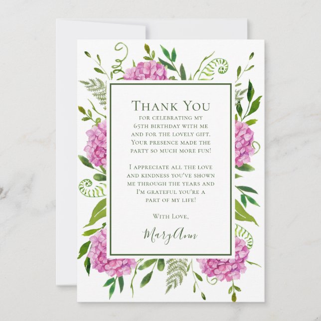 Tarjeta De Agradecimiento Cumpleaños 65 de Hortensias Rosas (Anverso)