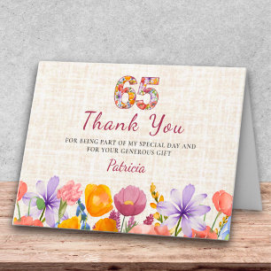 Tarjeta De Agradecimiento Cumpleaños 65 Elegante Apreciación de Lino Floral