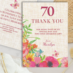 Tarjeta De Agradecimiento Cumpleaños 70 Aniversario Bold Floral Linen Agrade