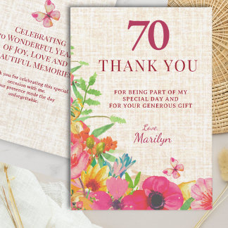 Tarjeta De Agradecimiento Cumpleaños 70 Aniversario Bold Floral Linen Agrade