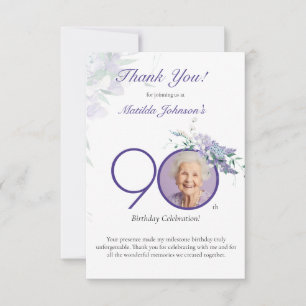 Tarjeta De Agradecimiento Cumpleaños 90 elegante floral morado con foto pers