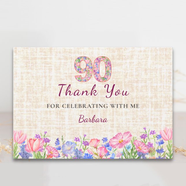 Tarjeta De Agradecimiento Cumpleaños 90 elegante para ella - Flores rosadas (Subido por el creador)