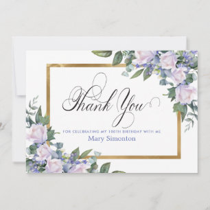 Tarjeta De Agradecimiento Cumpleaños 90 Rosa Blanca Floral Azul Personalizad
