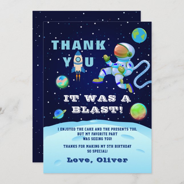 Tarjeta De Agradecimiento Cumpleaños astronauta azul Tierra espacio exterior (Anverso / Reverso)
