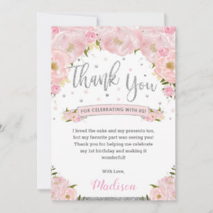 Tarjeta De Agradecimiento Cumpleaños Bebé Shower Floral Rosa Sonrojado Plata