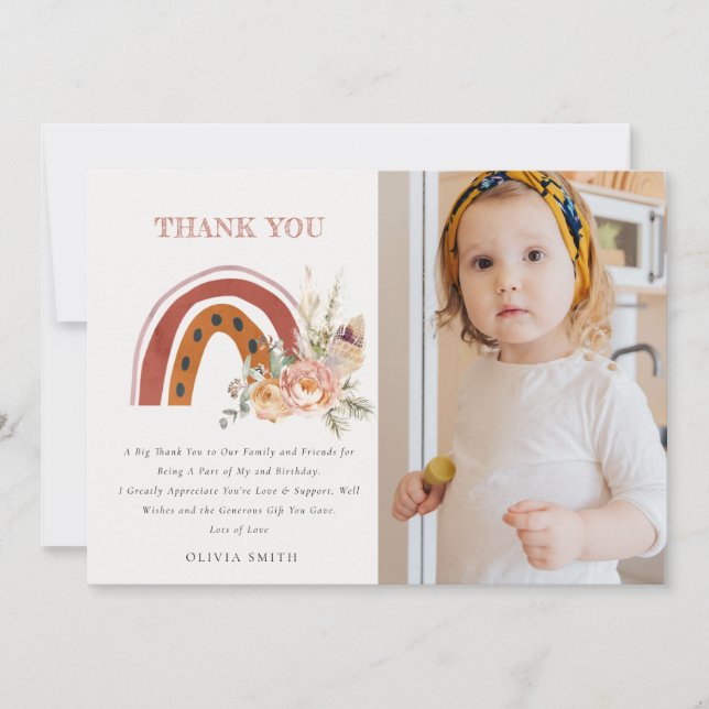 Tarjeta De Agradecimiento Cumpleaños Boho Floral Arcoíris Foto Rust Cualquie (Anverso)