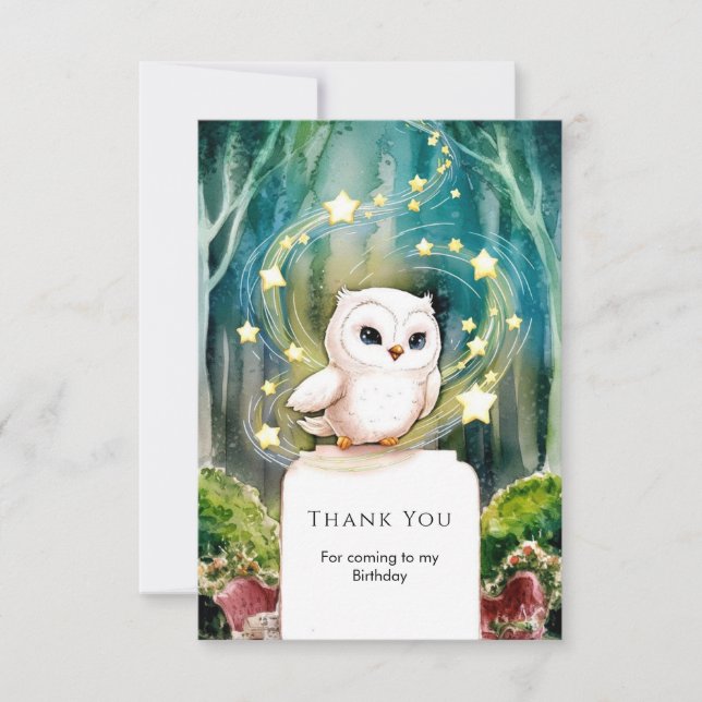 Tarjeta De Agradecimiento Cumpleaños Búho Simple En el Bosque (Anverso)