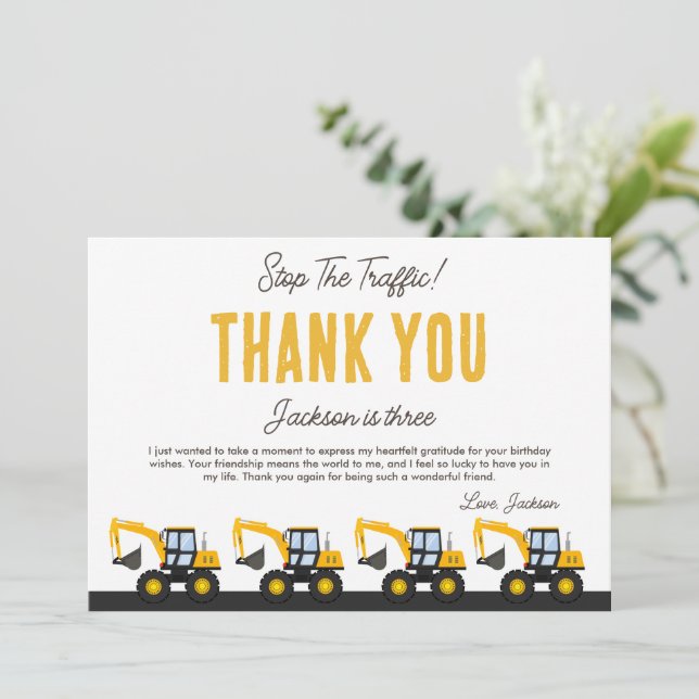 Tarjeta De Agradecimiento Cumpleaños Camión de Construcción | Decoración Per (Anverso de pie)