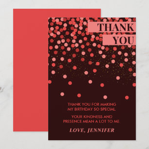 Tarjeta De Agradecimiento Cumpleaños Chic con Confeti Negro y Rojo