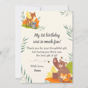 Tarjeta De Agradecimiento Cumpleaños Chic Greenery Animales del Bosque 1 año