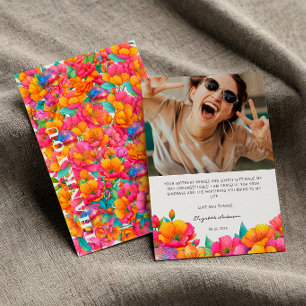 Tarjeta De Agradecimiento Cumpleaños Colorido Rosa Brillante Floral Disco Bo
