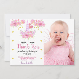 Tarjeta De Agradecimiento Cumpleaños con Foto de Unicornio Lindo Floral Rosa