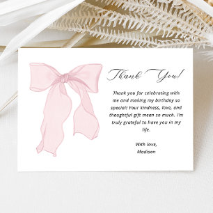 Tarjeta De Agradecimiento Cumpleaños con lazo rosa elegante