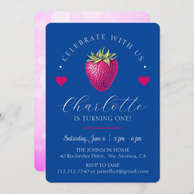 Tarjeta De Agradecimiento Cumpleaños Corazones de Fresa Azul Oscuro (Anverso / Reverso)