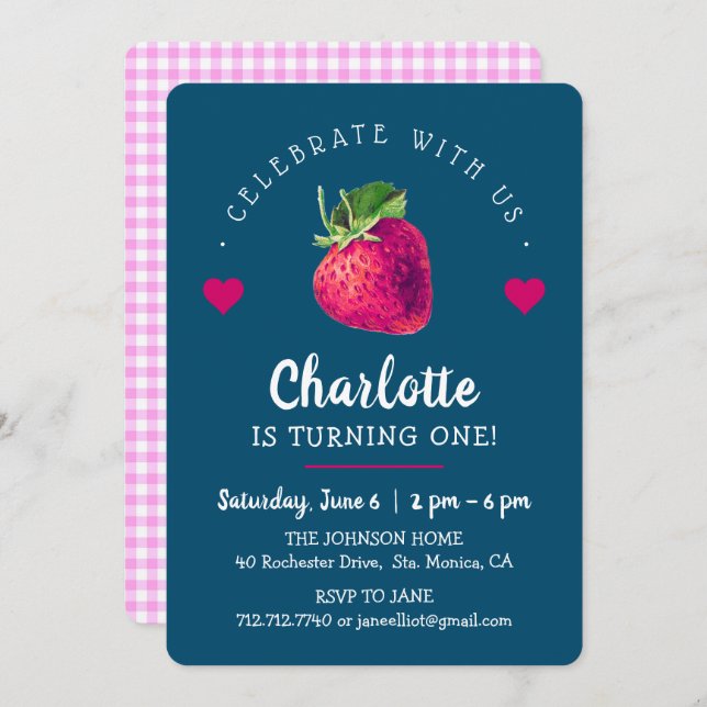 Tarjeta De Agradecimiento Cumpleaños Corazones de Fresa Azul Verde (Anverso / Reverso)