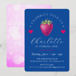 Tarjeta De Agradecimiento Cumpleaños Corazones de Fresa Chica de Azul Oscuro